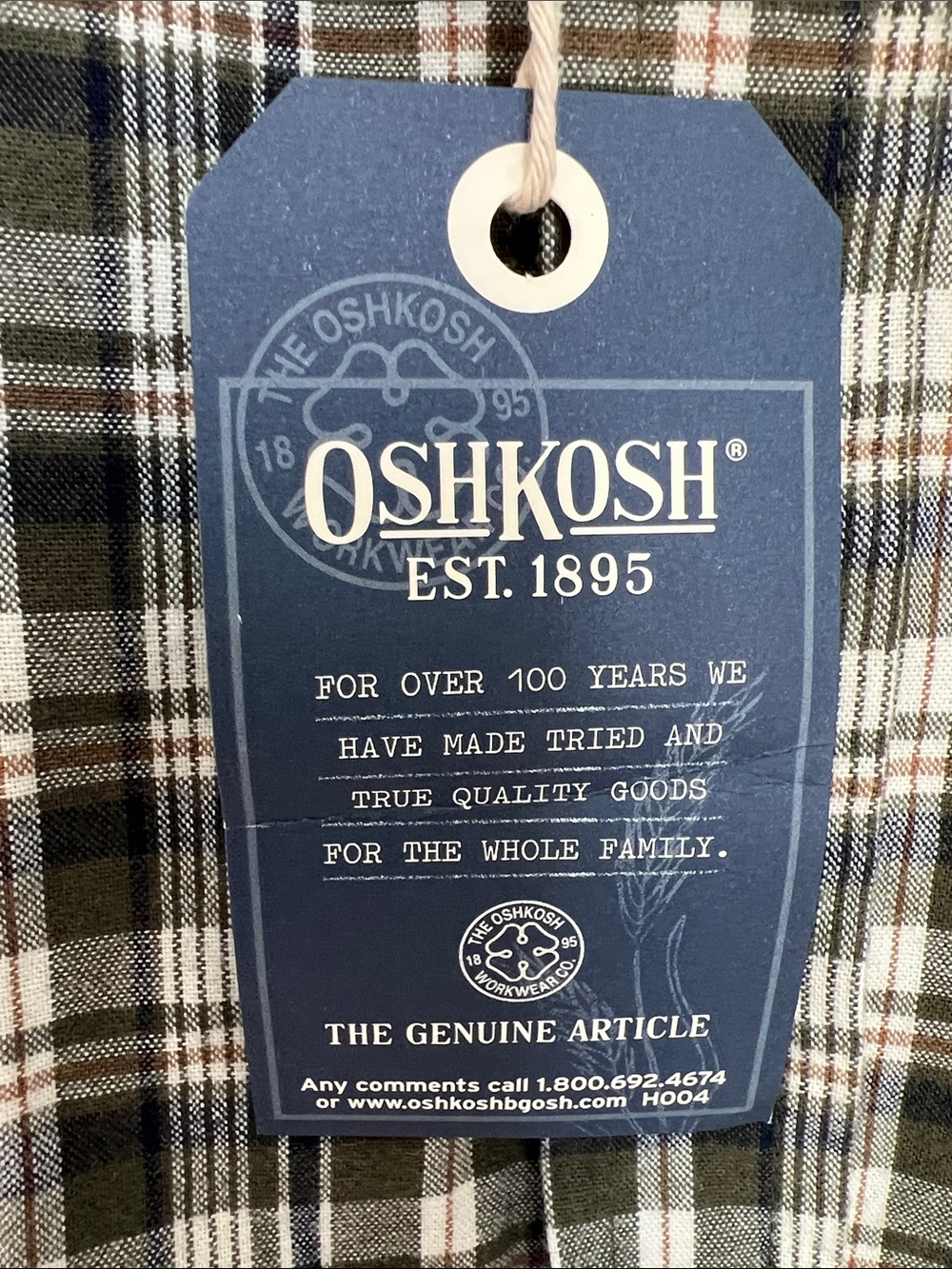 OshKosh B'gosh | 100% Cotton Olive Cream Navy Plaid Button-Down Shirt NWT Sz 3T - Picture 4 of 16